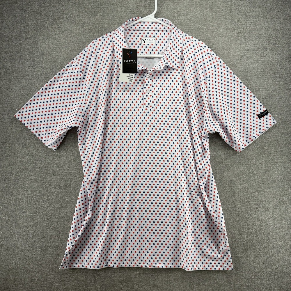 Yatta Golf Polo Shirt Men XXL White Blue Red Stars Print Short Sleeve NEW $60